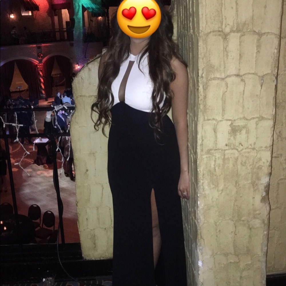 Black and white high neck formal gown with slit